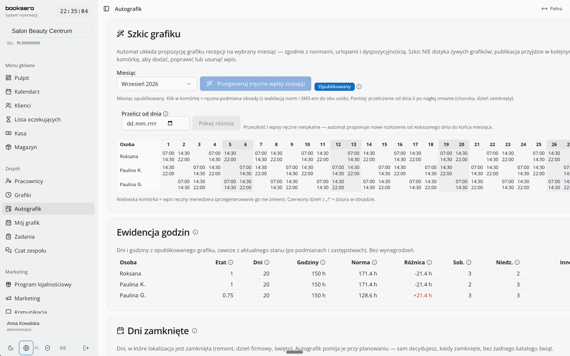 Autografik Booktago — szkic grafiku recepcji na cały miesiąc