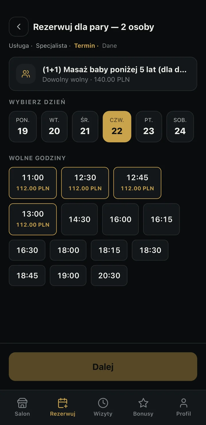 Rezerwacja dla pary — wybór dnia i wolnej godziny