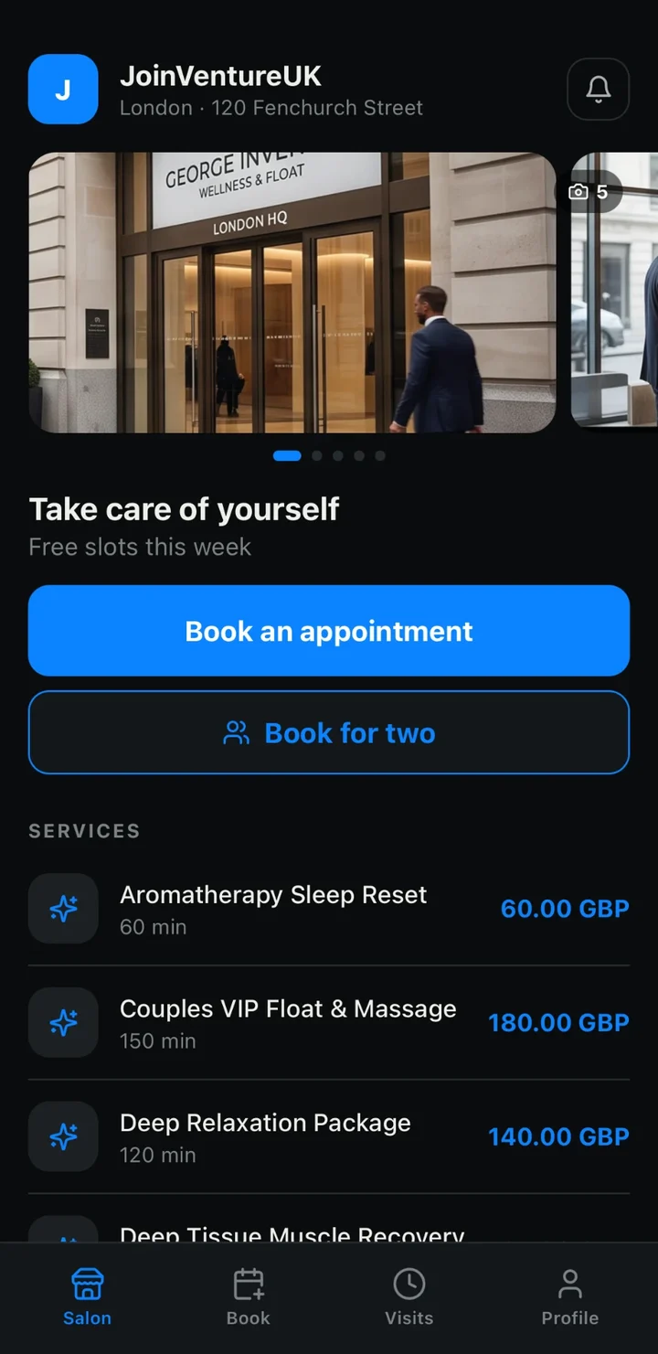 Salon page in the Booktago app: logo, photo gallery, Book an appointment and Book for two buttons, services with prices