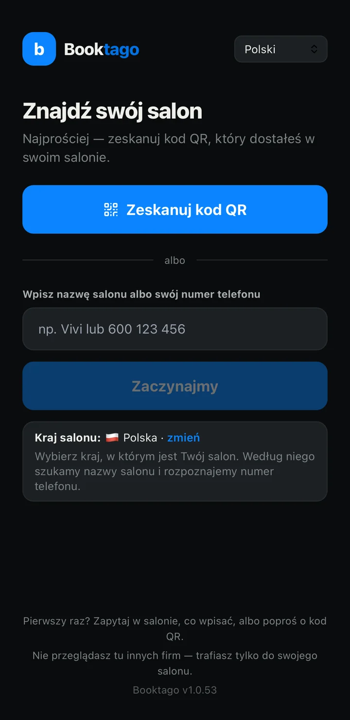 Ekran startowy aplikacji Booktago: Znajdź swój salon, przycisk Zeskanuj kod QR