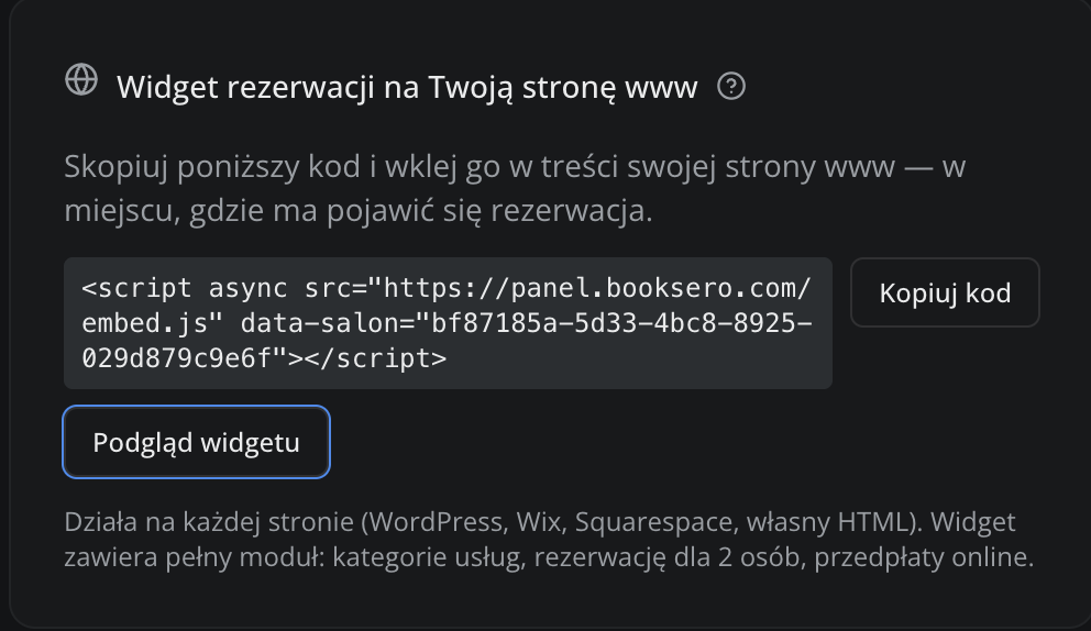 Widget rezerwacji Booktago na stronę klienta